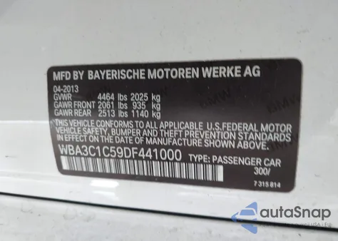 2013 BMW 328I z USA, uszkodzony, nr VIN WBA3C1C59DF441000